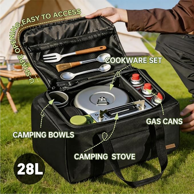 Camping Kitchen Storage Bag, 28L Water-Resistant Outdoor Camping Cookware Organizer for Camping Utensils,Cookware,BBQ Essentials & Portable Propane Camping Stove