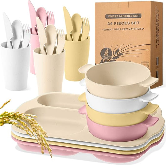 24 Pcs Wheat Straw Dinnerware Cutlery Set for Adult Including Divided Plates Microwave Dishwasher Safe Bowl Unbreakable Tableware Straw Cutlery Spoon Knife Fork(Light Color)