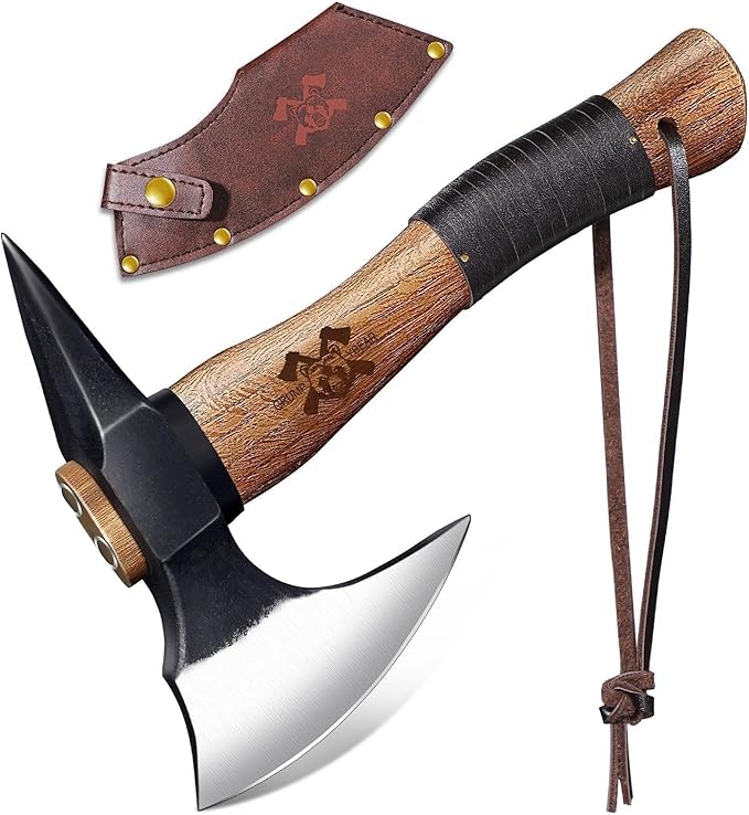 Grumpy Bear 11" Camping Hatchet, Survival Axe with Sheath, High Carbon Steel and Wood Handle, Anti-Slip Grip – Ideal for Bushcraft, Wood Splitting & Outdoor Adventures