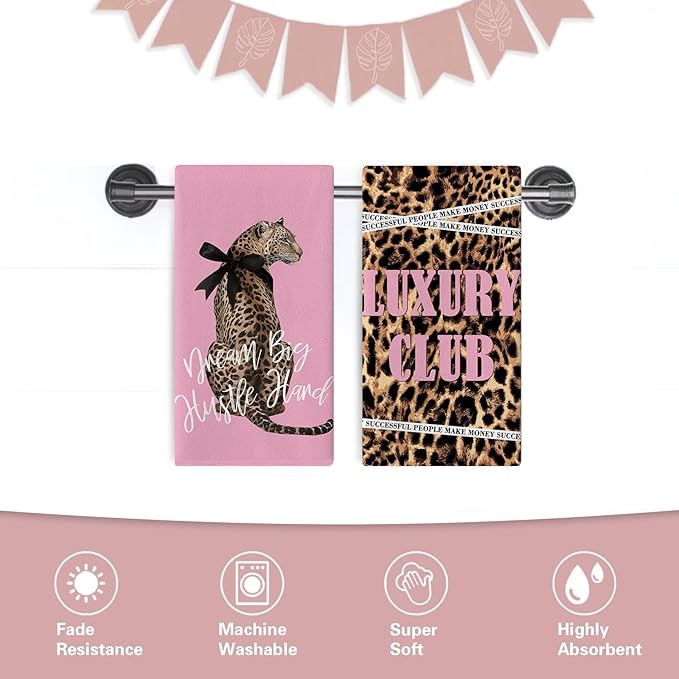 Leopard Print Pink Kitchen Dish Towels Set of 2, Inspirational Cheetah Dream Big Hustle Hard Girl Women Drying Hand Towel Baking Cooking Cloth, Luxury Club Bathroom Home Decoration 18'' x 26''