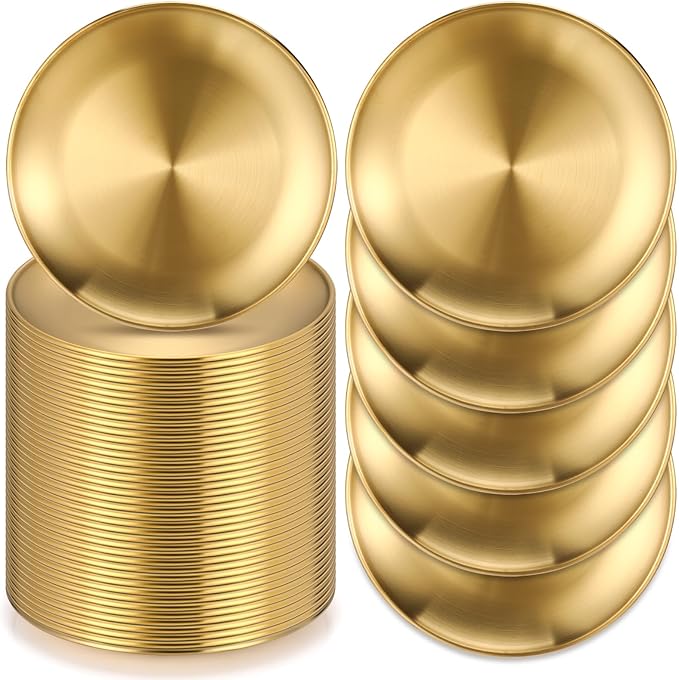 Uiifan 40 Pcs 304 Stainless Steel Dinner Plates Gold 8 Inch Platter Serving Flat Metal Dessert Salad Camping Plates Kitchenware Dinner Dishes for BBQ Snack Steak Food Serving Dishwasher Safe