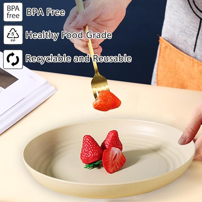 Wheat Straw Plates, Unbreakable Dinner Plate Set of 4, 8 Inch Plastic Plate Reusable, Dishwasher & Microwave Safe, Lightweight Salad Plates for Camping/Kitchen (Beige)