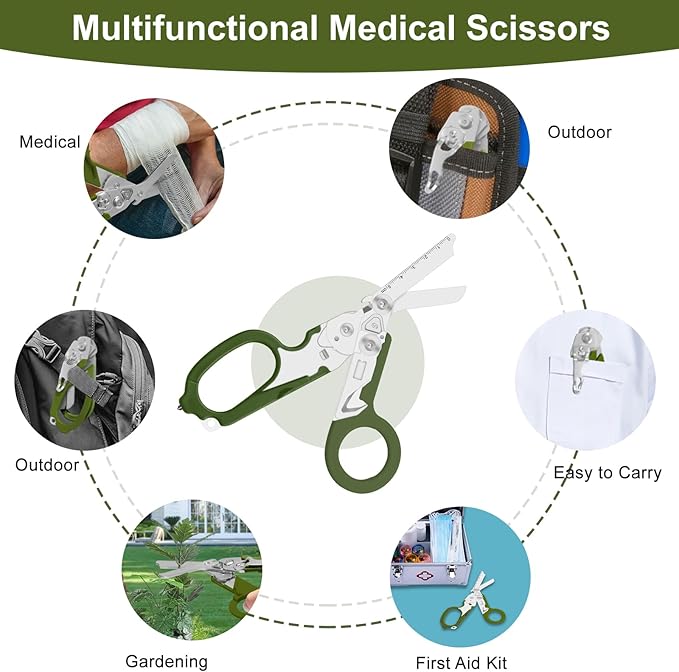 6 in 1 heavy-duty/trauma shears, Folding Retractable Emergency Shears, Outdoor Camping Tools, Seat Belt Cutter, Oxygen Cylinder Wrench, Complimentary Adjustable Wrench (army green)