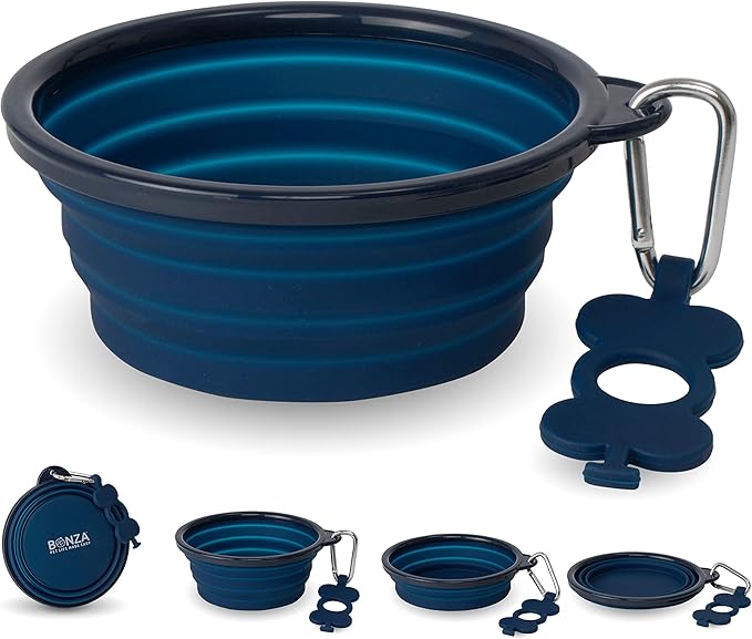 Bonza Collapsible Dog Bowls - Medium 25 oz, Dog Travel Accessories, Silicone Portable Dogs Bowl & Water Dish with Reinforced Rim & Carabiner for Hiking, Camping, and Car Trips, Navy Blue