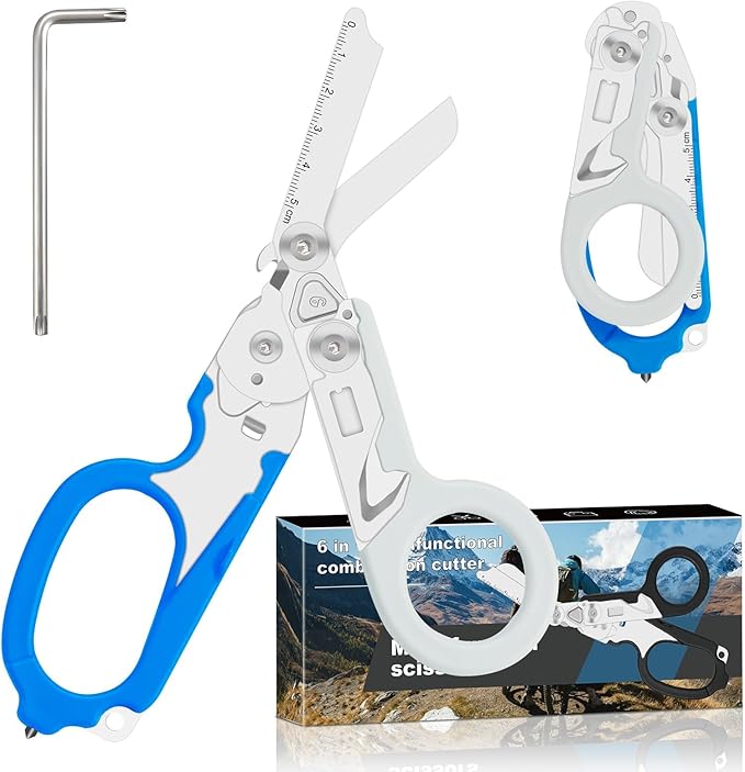 Lemasa6 in 1 Multifunctional Combination Tool, Folding Retractable Emergency Shears, Outdoor Camping Tools, Seat Belt Cutter, Oxygen Cylinder Wrench, Complimentary Adjustable Wrench (blue-grey)