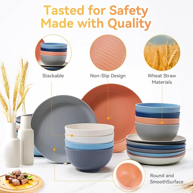 Wheat Straw Dinnerware Sets,64-Piece Plates and Bowls Sets for 8-Unbreakable,Reusable Plastic Dish Set-Dinner Plate/Dessert Plate/Cereal Bowl/Cup/Utensils-Microwave Dishwasher Safe 64P-Seaside color