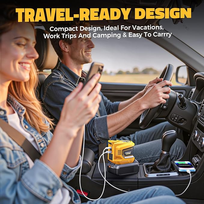 LIVOWALNY 200W-250W Power Inverter Compatible with DeWALT 20V Battery (Battery Not Included), DC 20V to AC 110V-120V Portable Inverter, 1 AC Outlet, 2 USB Ports & 1 Type-C Port, LED Work Light(2-Pack)