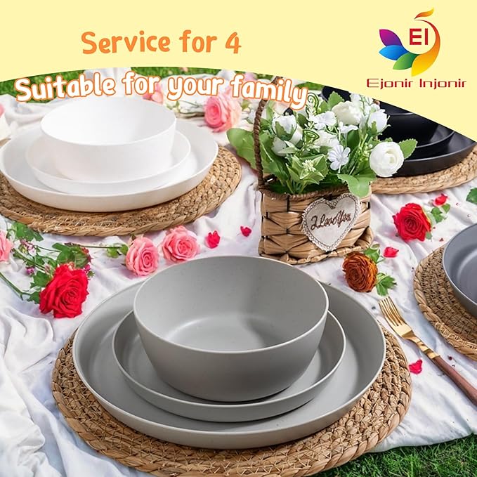 EI 12pcs Wheat Straw Plates,Wheat Straw Dinnerware Set,Plate and Bowls Sets,Plastic Plates Reusable-White,Black,Grey,Dark Grey,Dinner Plate Set of 4 Kitchen,Picnic