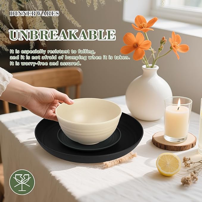 Wrova 32-Piece Wheat Straw Dinnerware Sets for 8, Dishwasher Safe Unbreakable Kitchen Bowls and Plates Sets with Cups, Alternative to Plastic Dish Sets for Camping, Dorm, R.V. Black & Grey