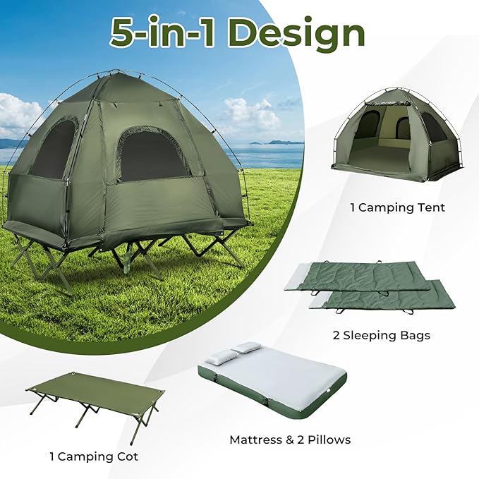 LDAILY Camping Tent Cot, 5 in 1 Off Ground Elevated Tent with Air Mattress, Sleeping Bag & Pillow, Folding Camping Cot Combo with Carrying Bag for Outdoor Hiking, RV, Picnic, Field Backyard (2 Person)