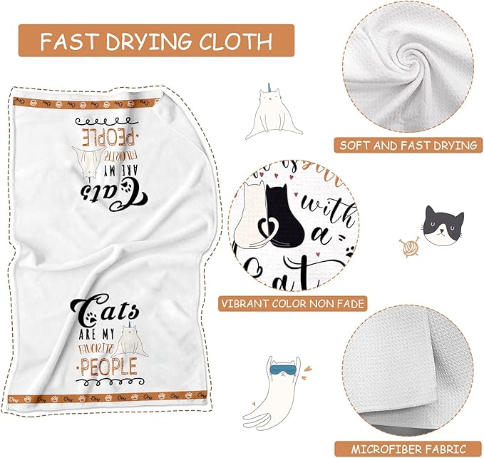 Cat Kitchen Towels Set of 4 Funny Decorative Hand Towels Absorbent Drying Tea Dish Towel for Cooking Baking Home Decorations,16 X 24 inches