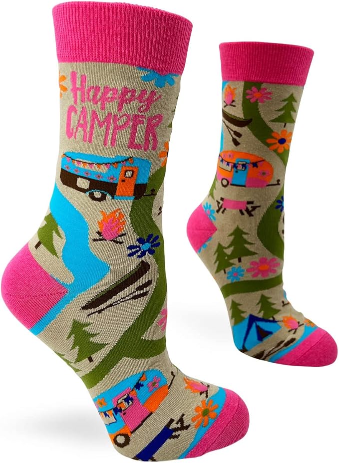 Fabdaz Happy Camper Camping Themed Women's Novelty Crew Socks - 1 Pair - 1 Size Fits Most