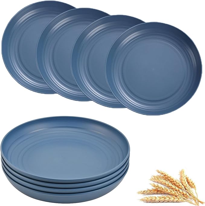 Wheat Straw Plates, Unbreakable Dinner Plate Set of 4, 8 Inch Plastic Plate Reusable, Dishwasher & Microwave Safe, Lightweight Salad Plates for Camping/Kitchen (Dark Blue)