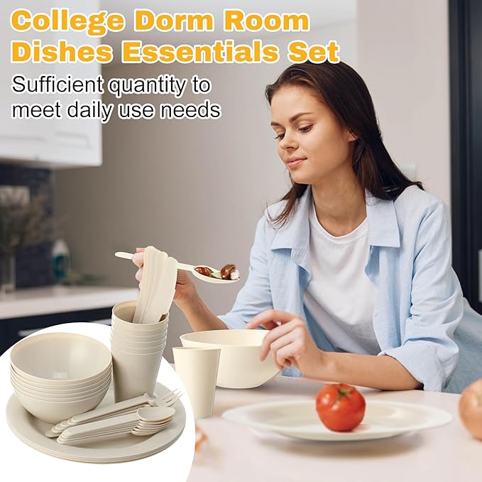 LemonRoad 6 Set College Dorm Dishes Essential Kit, Plates and Bowls Back to School Beige Room Dishes Set with Storage Mesh Bag Cup, Microwave Dinnerware Picnic for RV Camping
