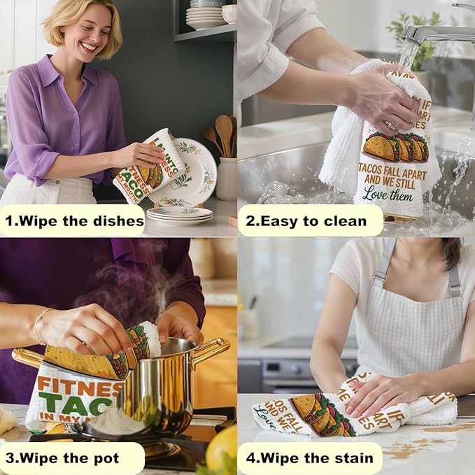2PCS Taco Decorative Dish Towels, Funny Kitchen Accessories, Cinco De Mayo Decor, Tacos Waffle Weave Kitchen Decorative Tea Towels Taco Tuesday Gift for Housewarming Gift Tacos Lover Accessories