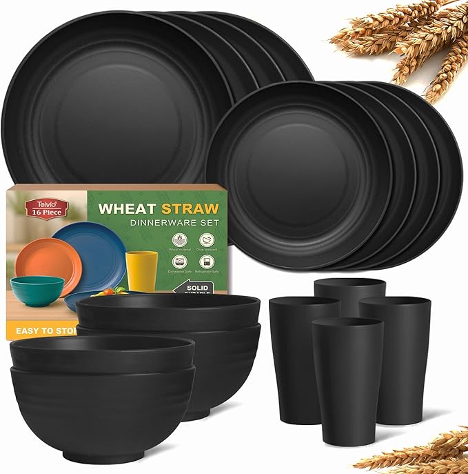 Teivio 16-Piece Kitchen Plastic Wheat Straw Dinnerware Set, Service for 4, Dinner Plates, Dessert Plate, Cereal Bowls, Cups, Unbreakable Plastic Outdoor Camping Dishes, Black Matte