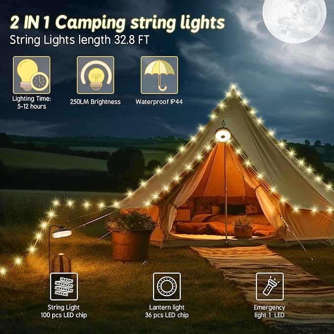 Camping String Lights, Rechargeable Tent Lights String with 8 Lighting Modes, Camping Essentials Gear 32.8FT Lamp Light, Rechargeable Waterproof LED Light for Tent Yard Garden Hiking Decor 2 Pack