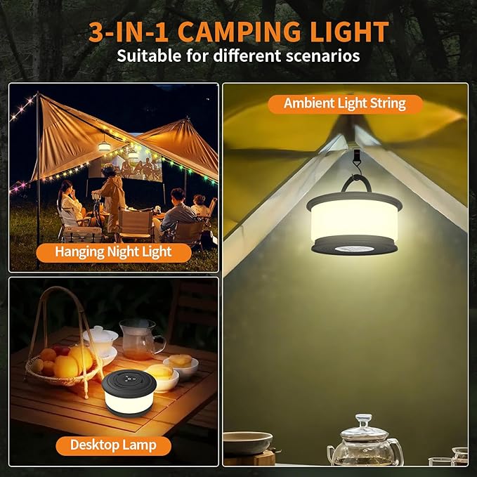 TOHETO 2-Pack Camping String Lights, 3 in 1 Upgraded Retractable RGB Outdoor String Lights with 19 Lighting Modes, Quick 30s Recovery, 32.8 FT Portable Tent Light, Rechargeable Camping Lantern (Black)