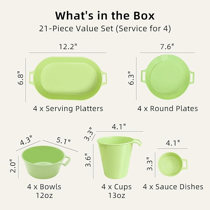 Dinnerware Set for 4, 21-Piece Reusable Plates and Bowls Set with Mesh Bag, Cups, Sauce Dishes and Serving Platters, Lightweight Outdoor Dish Set for Picnic, RV, Patio, BBQ, Sage Green