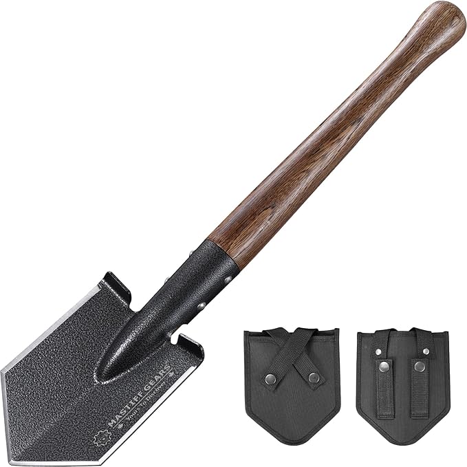 MASTIFF GEARS Tactical Survival Shovel - 43cm/17in, Axe/Machete Replacement, HRC 42-48 1050 Steel Spade, Hand-Carbonized Hardwood Handle & MOLLE Sheath for Camping Hiking Off-Roading Emergency