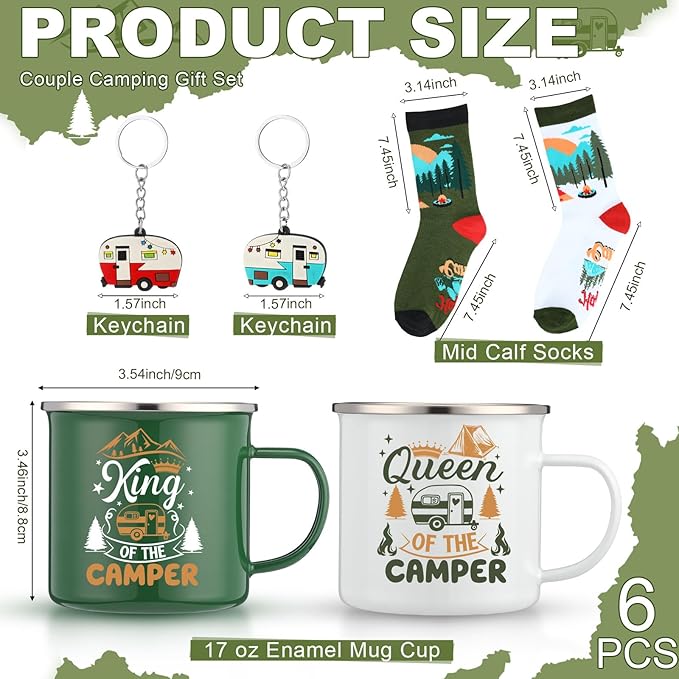 Patelai 6 Pcs Camping Gift Set RV Gifts for Couple Includes 17 oz Stainless Steel Wine Tumblers Unisex Crew Socks Keychains Outdoor Gifts for Women Men Picnics Hiking RV(Stylish)