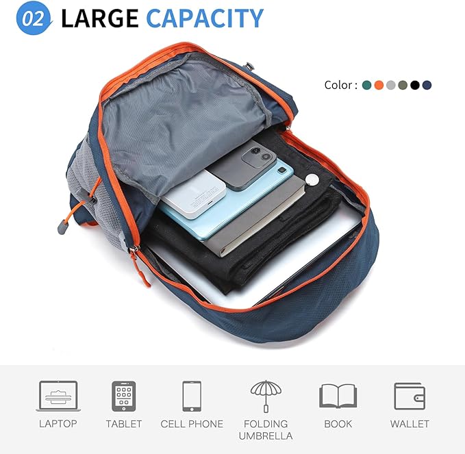 Hiking Daypack Packable, Camping Backpack Water Resistant Lightweight Polyester for Men Women Travel Outdoor