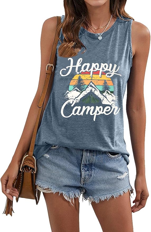 Happy Camp T-Shirt Women Hiking Mountain Adventure Novelty Workout Funny Saying Cute Graphic Athletic Shirt