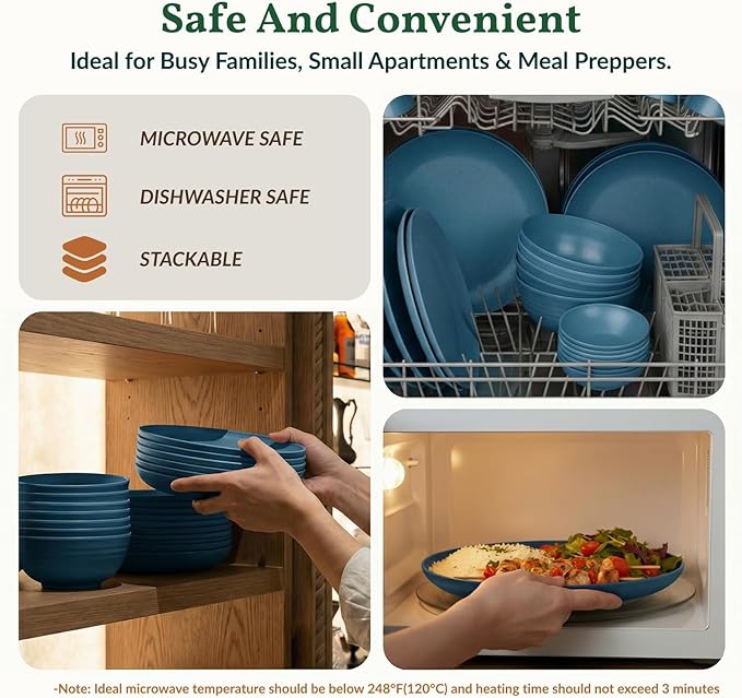 Homienly Wheat Straw Dinnerware Sets for 8, 40 Pcs Unbreakable Plates and Bowls Sets, Microwave Dishwasher Safe Dish Set, Reusable Plastic Dishes for Kitchen, Camping, Deep Plates for Salad (Blue)
