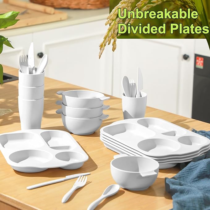 24 Pcs Wheat Straw Dinnerware Cutlery Set for Aldult Including Divided Plates Microwave Dishwasher Safe Bowl Unbreakable Tableware Straw Cutlery Spoon Knife Fork(White)