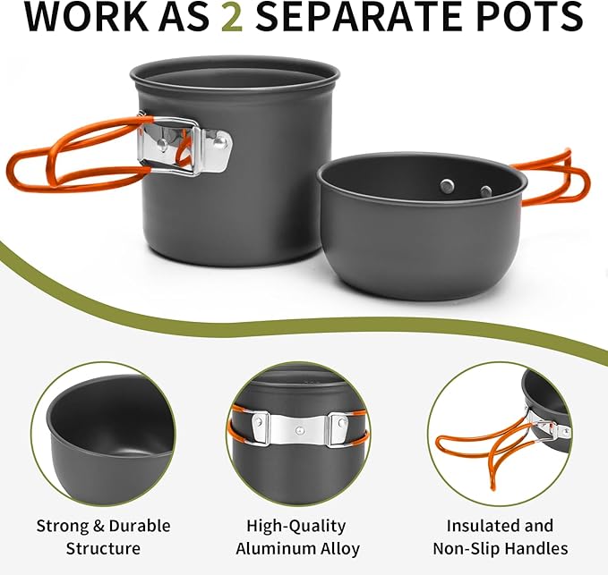 aiGear 8pcs Camping Cookware Mess Kit, Camping Pot and Pan Set with Mini Backpacking Stove, Stainless Steel Cup, Spork and Tank Bracket, Cooking Gear for Hiking Camping Outdoor Picnic