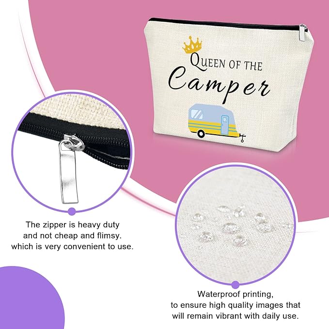 Sazuwu Happy Camper Gift Makeup Bags Camping Lover Gifts for Women Friend Cosmetic Bag Family Vacation Gift Ideas Mother's Day Gift Cute Motorhome Outdoor Gifts Birthday Christmas Gifts Travel Bag