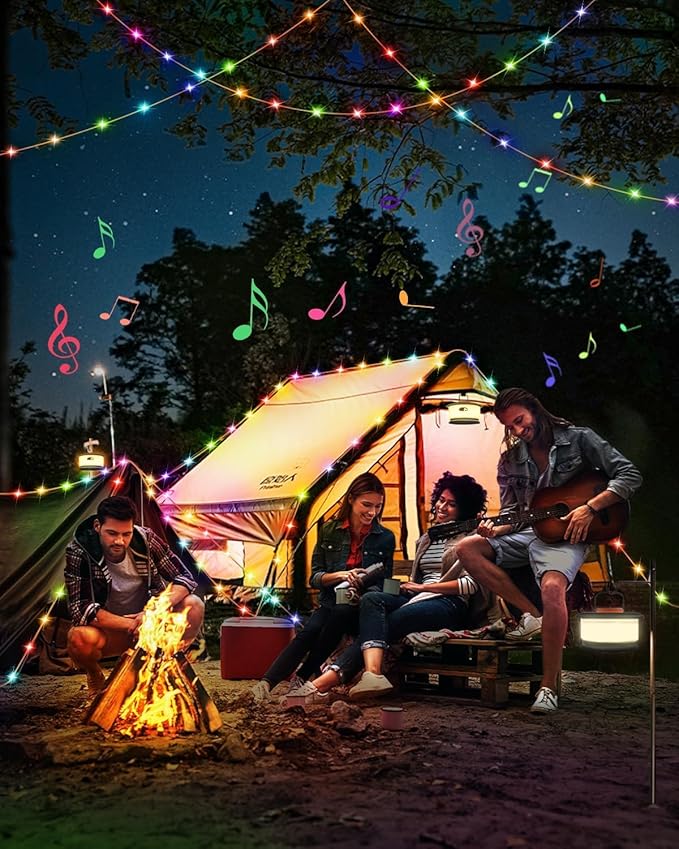 HOMEBEST Upgraded 33FT RGB Camping String Lights, Retractable Camping Lights with Music Sync, 19 Modes, Rechargeable Waterproof Tent Lights, Portable Camping Lantern for Tent, RV, Awning