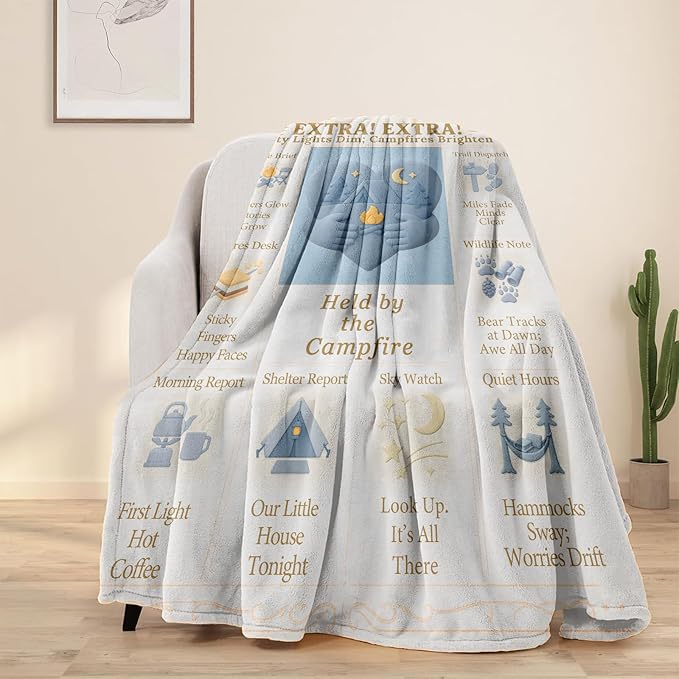 Camping Blanket Gifts 60×50 in Lightweight Packable Warm Throw, Campfire Theme Tent & Pines Design, Cozy Outdoor Travel RV/Trailer Cabin Decor, Gifts for Campers