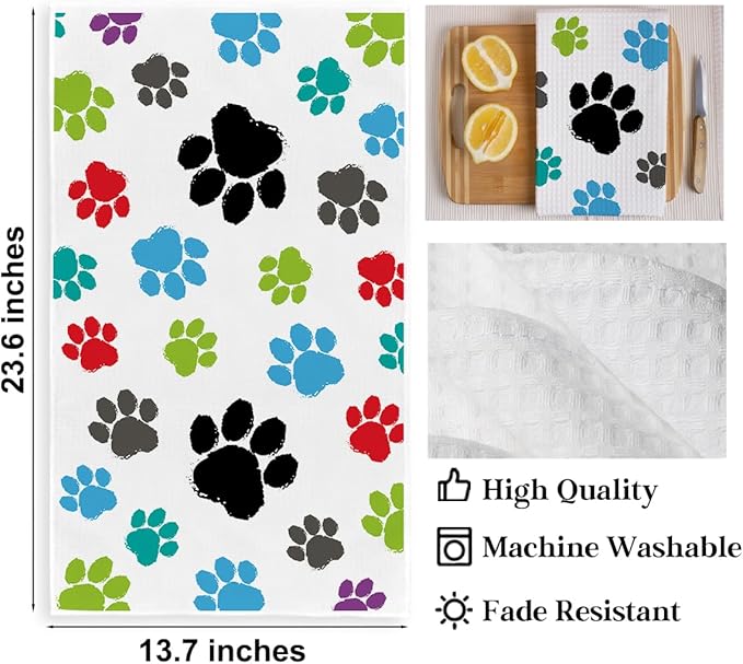 2PCS Cute Dog Paws Kitchen Towels, Dog Mom Gifts for Women Reusable Absorbent Waffle Weave Dish Tea Towels for Kitchen Bathroom Decor, Hand Towels, Dogs Gifts for Dogs Lovers