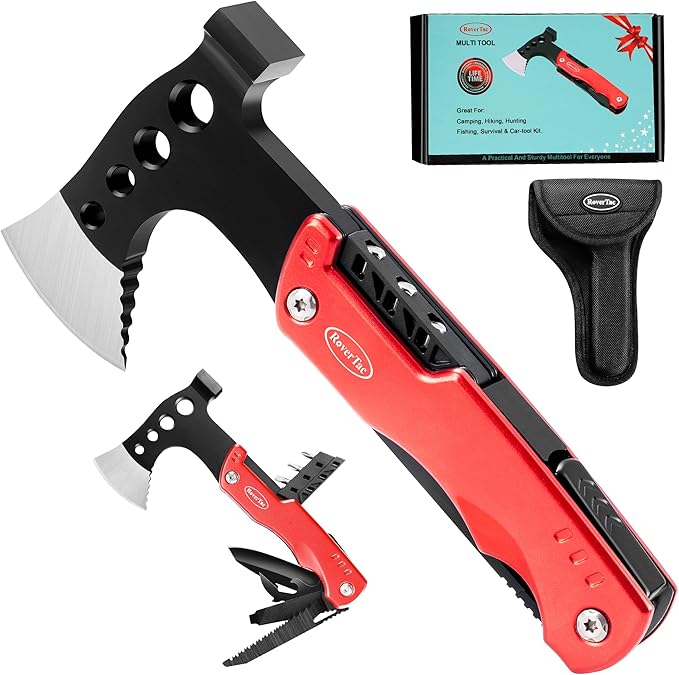 RoverTac 11-in-1 Multitool Axe Hatchet – Camping Gear with Knife, Hammer, Saw, Bottle Opener, Screwdrivers – Survival Tool with Nylon Sheath – Perfect Gifts for Men, Camping, Hiking, and Survival.