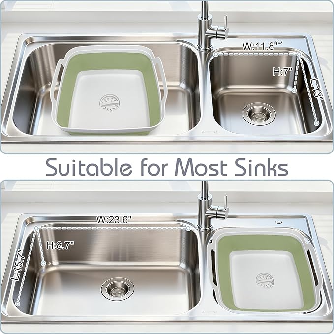 2.4 Gal(9L) Collapsible Dish Basin with Drain Plug, Space Saving Outdoor Multiuse Foldable Sink Tub, Dishpan, Kitchen Storage Tray for Camping, Vegetable Washing, RV (Green)