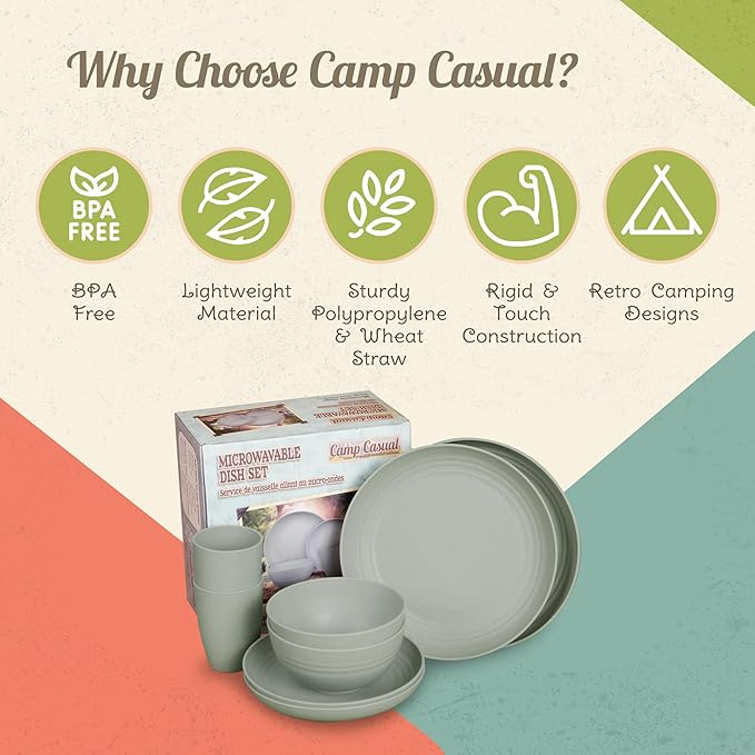 Camp Casual Camping Plates Cups and Bowls Set - 8-pc Wheat Straw Dinnerware Sets - 2 Bowls, 2 Cups, 2 Small & 2 Large Indoor/Outdoor RV Dishes - BPA Free, Dishwasher & Microwave Safe (Drift wood)