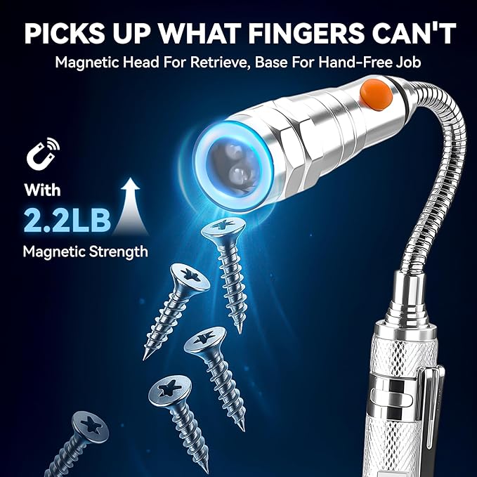 VIBELITE Extendable Magnetic Flashlight with Telescoping Magnet Pickup Tool-Cool Gadget Gifts for Men, Women, Him, Teen Boys, Husband, Dad, Father, Mechanic, Birthday Gifts for Men, Silver