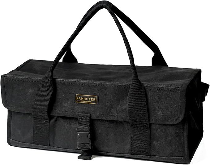 Flip Lid Camping Tool Bag, 15" Multi-Container Storage Soft Case, Water-Resistant Camping Tool Tote for Tent Stakes, Cooking Gear, Cutlery, Utensil, Flatware, Tea Kettle and Tools, Black