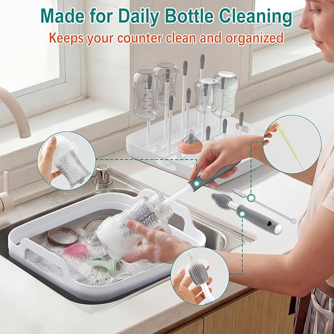 Yecuip Collapsible Wash Basin for Baby Bottles with Drying Rack – 2.4 Gallon Foldable Dish Tub with Handles, Portable RV Camping Sink & Space-Saving Wash Bin with Lid for Kitchen, Travel & Outdoor