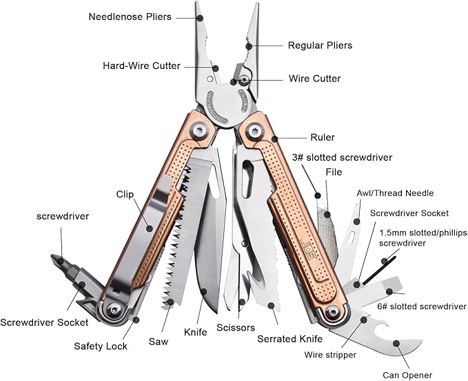 SQT2048-C 20-in-1 Multitool Pliers, Stainless Steel Multi Tool with Safety Lock, Pocket Clip, Foldable EDC Tool for Outdoor Camping Hiking Fishing Repair,Gift for Men, Rose Gold