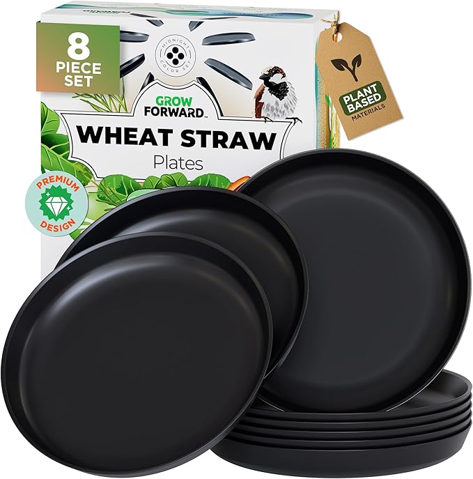 Grow Forward Premium Wheat Straw Plates - 10 Inch Reusable Hard Plastic Dinner Plates Set of 8 - Unbreakable Microwave Safe Plates for Dessert, Camping, RV, Outdoors, Patio, Kitchen Dishes - Midnight