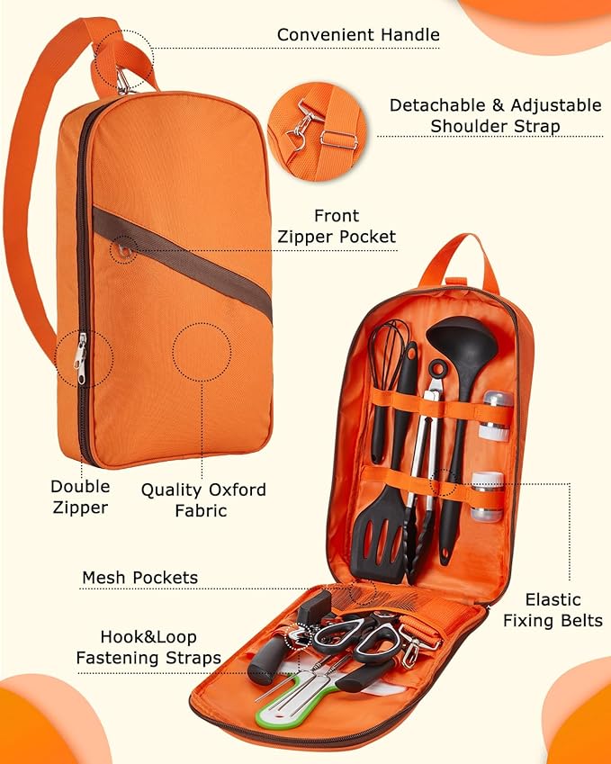 Hozzen Camping Cooking Set - Camping Utensil Set Car Camping Cooking Essentials Gear for Camp Kitchen Cooking and Grilling, Stainless Steel & Silicone Ideal Gift for RV Tent Camper, Picnics, BBQs