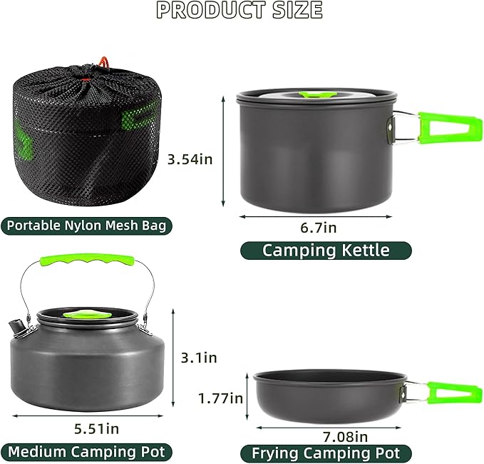 aiGear 3pcs Camping Cooking Set for 1-2 People, Lightweight Foldable Pot Pan Kettle with Storage Bag, Backpacking Cooking Set for Hiking Picnic Camping