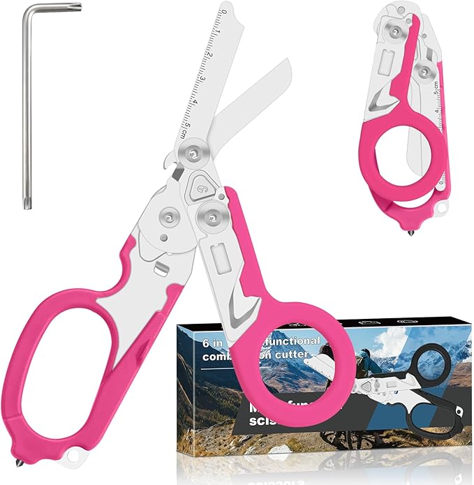 Lemasa-6in1 Multi functional Trauma shears, Foldable trauma shear, Nurse's Multi functional Emergency Scissors, Outdoor Tactical Scissors, Pink Trauma shears, Comes with Adjustable Wrench (Pink)