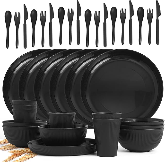 DAPIPIK 36 Pcs Lightweight Black Wheat Straw Dinnerware Set - Unbreakable Dishes for Kitchen & Camping | Microwave Dishwasher Safe