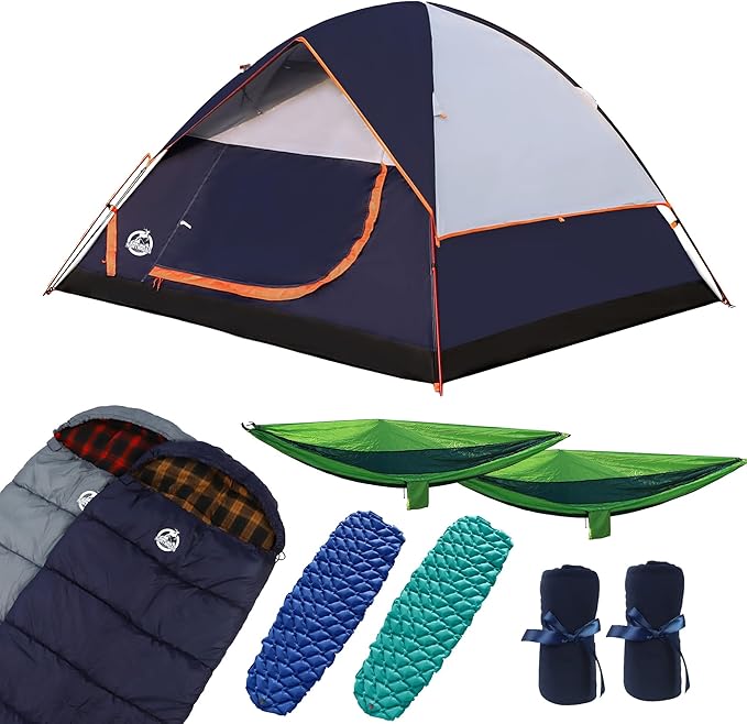 Northroad 9PCS Camping Tent Kit, Including 1 2/3 Person Dome Tent, 2 Sleeping Bag, 2 Sleeping Pad/Camping Mat, 2 Single Camping Hammock with 2 Tree Straps, 2 Lightweight Fuzzy Bed Blanket
