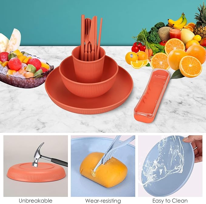 66 Pcs Dinnerware Sets, Unbreakable Plates and Bowls Sets, Reusable Dinnerware Sets for 6 People, Travel Camping Picnic Home Party Cutlery Set, Dishwasher Microwave Safe Dishes