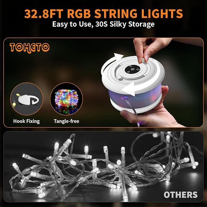 TOHETO Camping String Lights, 3 in 1 Upgraded Retractable RGB Outdoor String Lights with 19 Lighting Modes, Quick 30s Recovery, 32.8 FT Portable Tent Lights, Rechargeable Camping Lantern (White)
