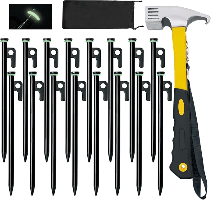 16 Pack Tent Stakes with Hammer, 8in Heavy Duty Tent Stakes + 10in Camping Hammer+Storage Pouch, Forged Steel Stake for Camping Used on Rocks(16Pcs 8in Tent Stake and Hammer)